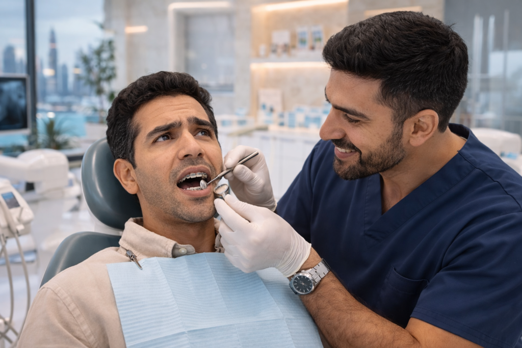 Patient consulting orthodontist at Smile On Dental Clinic in Al Satwa Dubai about braces discomfort