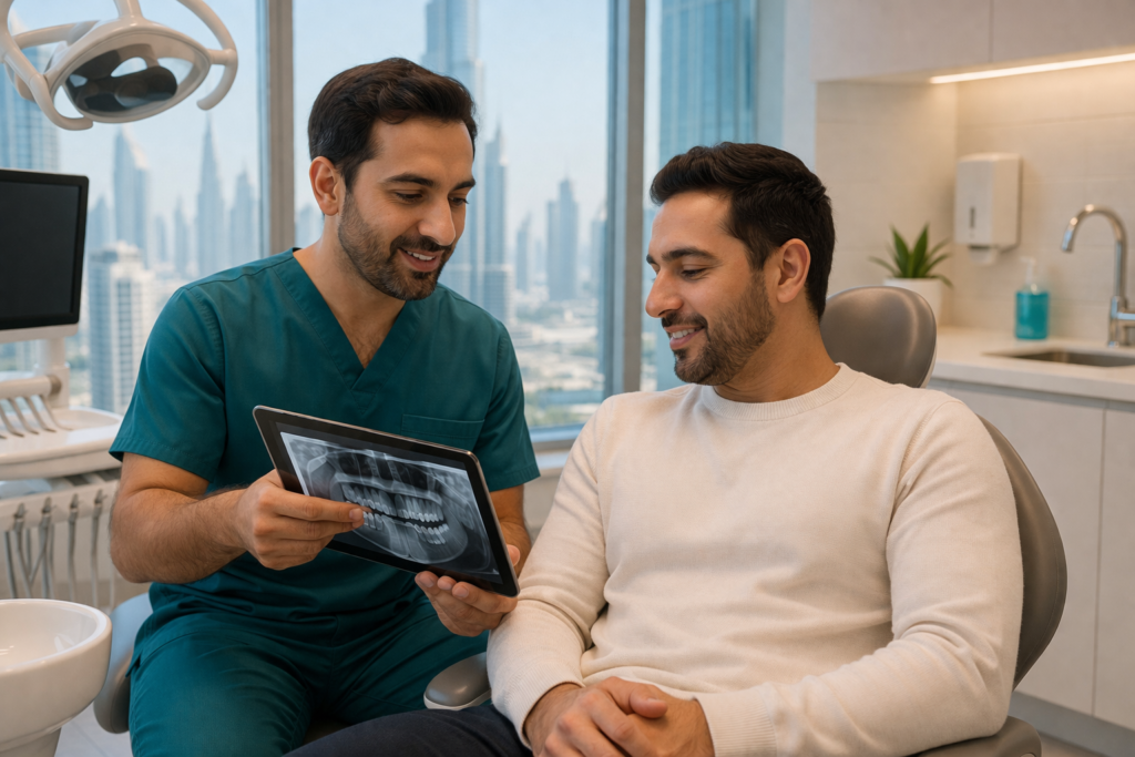 Dentist discussing dental crown treatment with patient at Smile On Dental Clinic Al Satwa Dubai