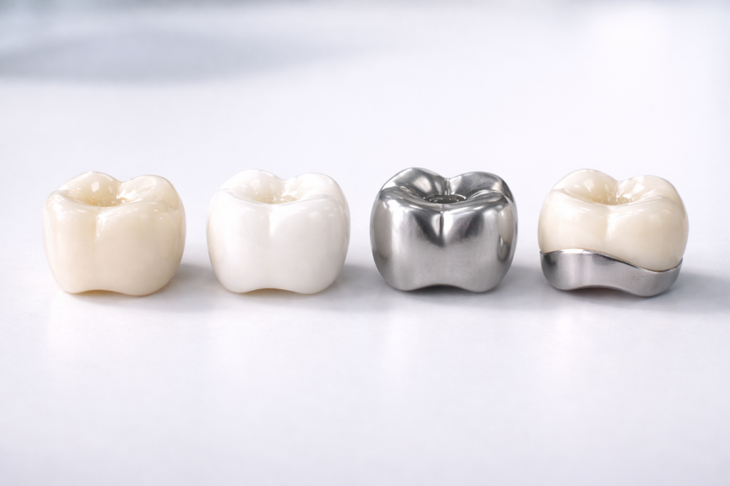 Different types of dental crowns including porcelain, zirconia, and metal crowns
