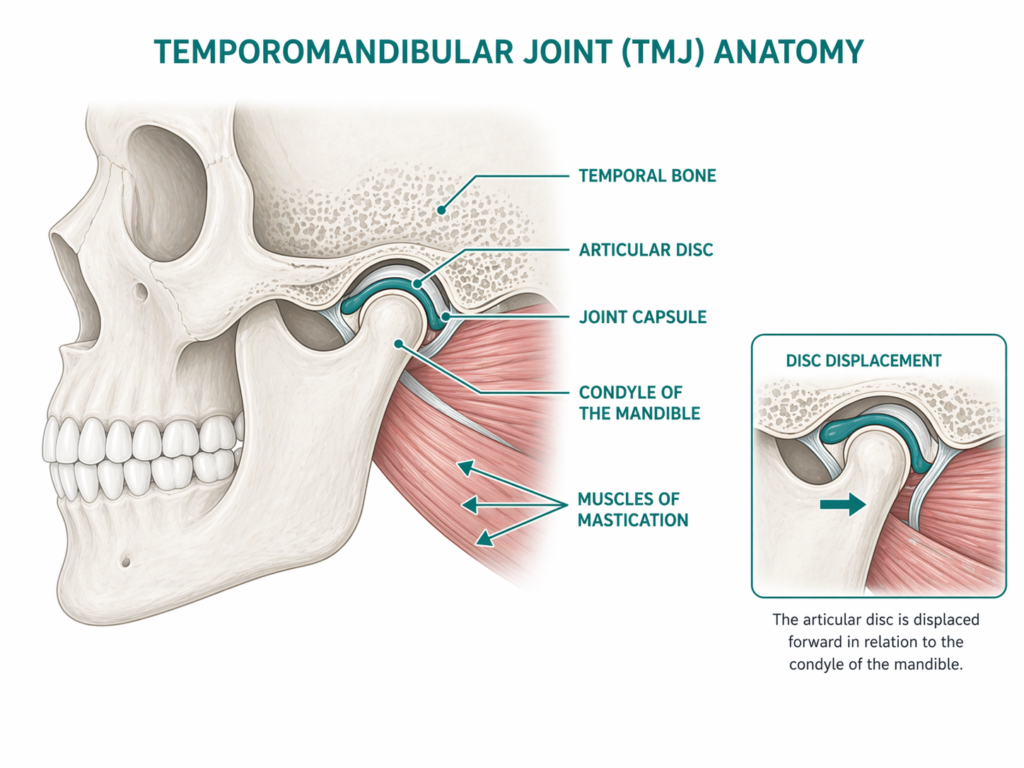 TMJ anatomy and disc displacement illustration