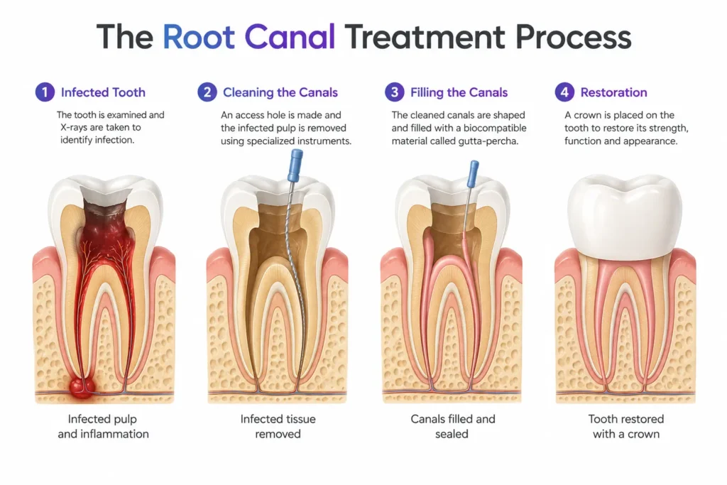 Step-by-step infographic of root canal treatment procedure from diagnosis to crown restoration