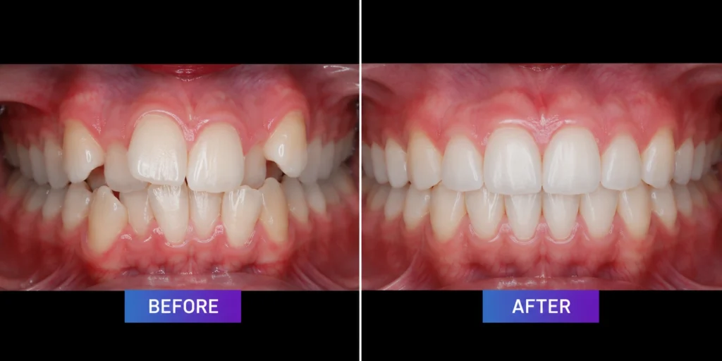 Before and after braces treatment showing teeth alignment correction in Dubai