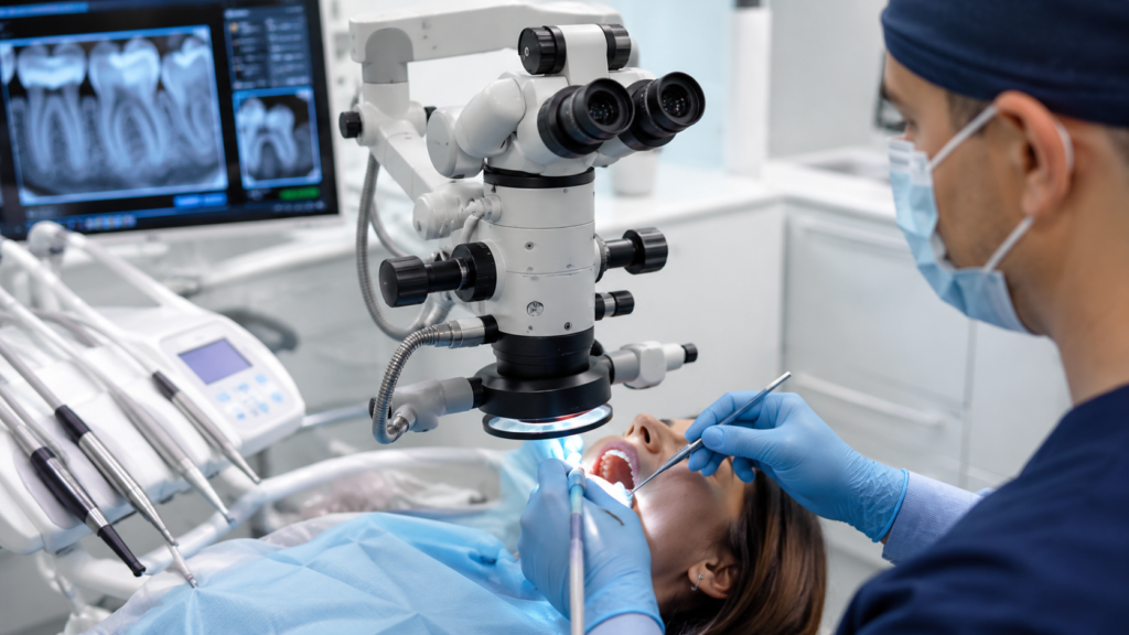 Dental operating microscope used during precision root canal treatment in Dubai