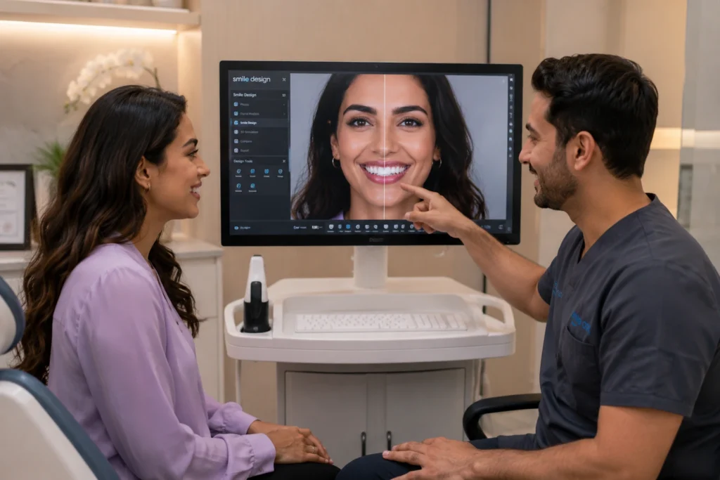 Digital Smile Design consultation at Smile On Dental Clinic Al Satwa, previewing a Hollywood Smile makeover