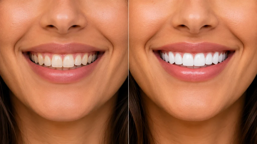 Before and after Hollywood Smile makeover results — cosmetic dentistry at Smile On Dental Clinic, Al Satwa Dubai