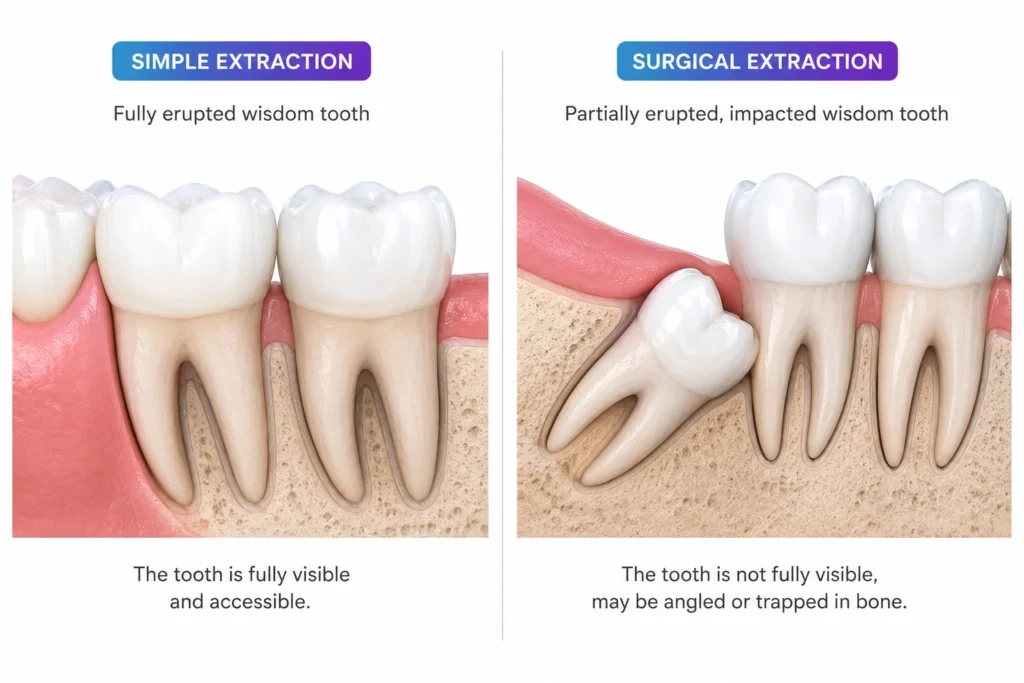 Simple vs surgical wisdom tooth extraction — what determines the type of procedure and cost in Dubai