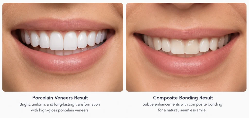 Porcelain veneers result vs composite bonding result — cosmetic smile comparison, Smile On Dubai