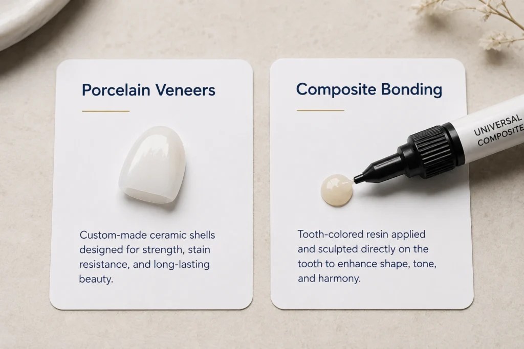 Porcelain veneers vs composite bonding material comparison — cosmetic dentistry Dubai