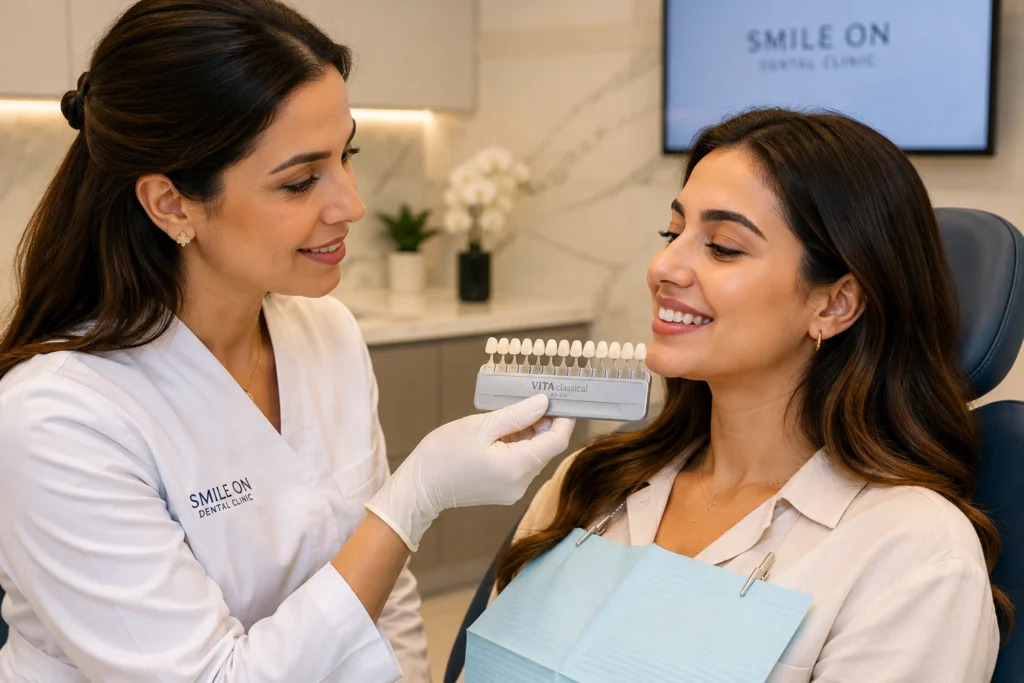 Cosmetic dental consultation at Smile On Dental Clinic, Al Satwa — choosing between veneers and bonding